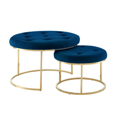 Blue Velvet Round Tufted 2 pc Gold Base Coffee Table Ottoman